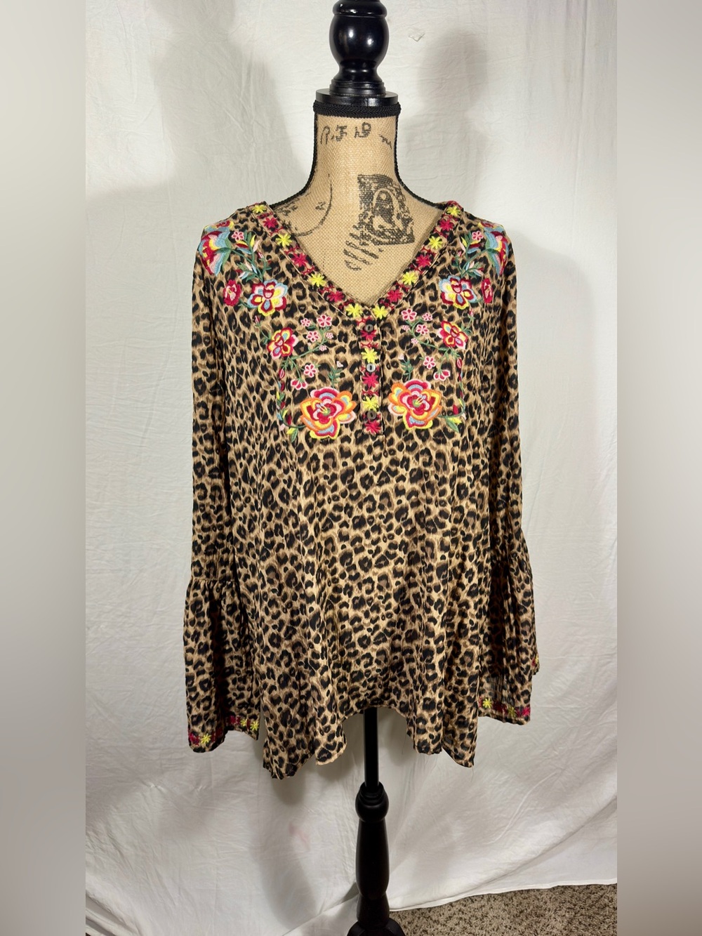 Oddy Leopard Floral Embroidered Bell Sleeve Tunic Top Brown Black XL Boho